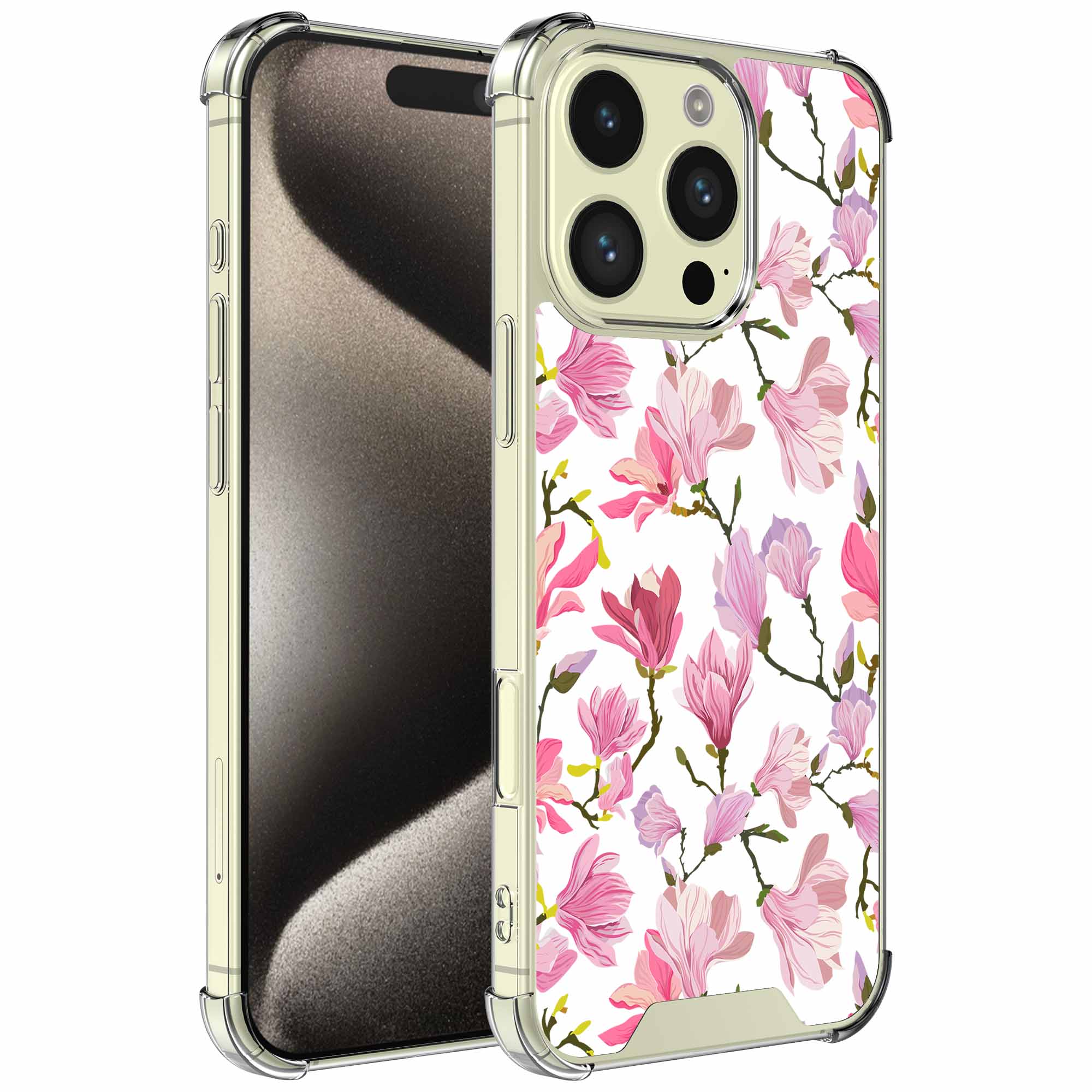 Fuchsia bloemen opdruk_iPhone 15 Pro transparant telefoonhoesje (1)