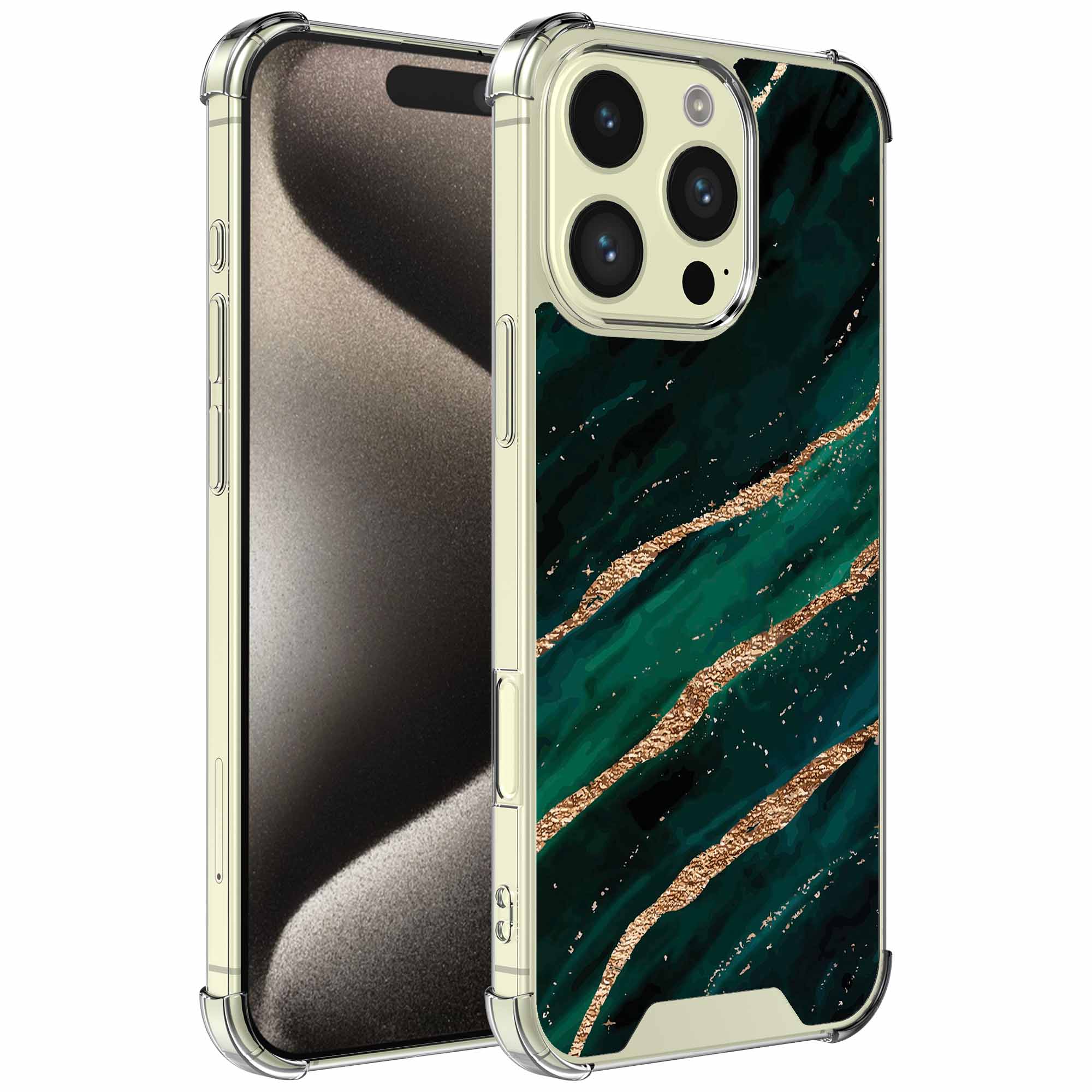 Goud groen marmer opdruk_iPhone 15 Pro transparant telefoonhoesje (1)