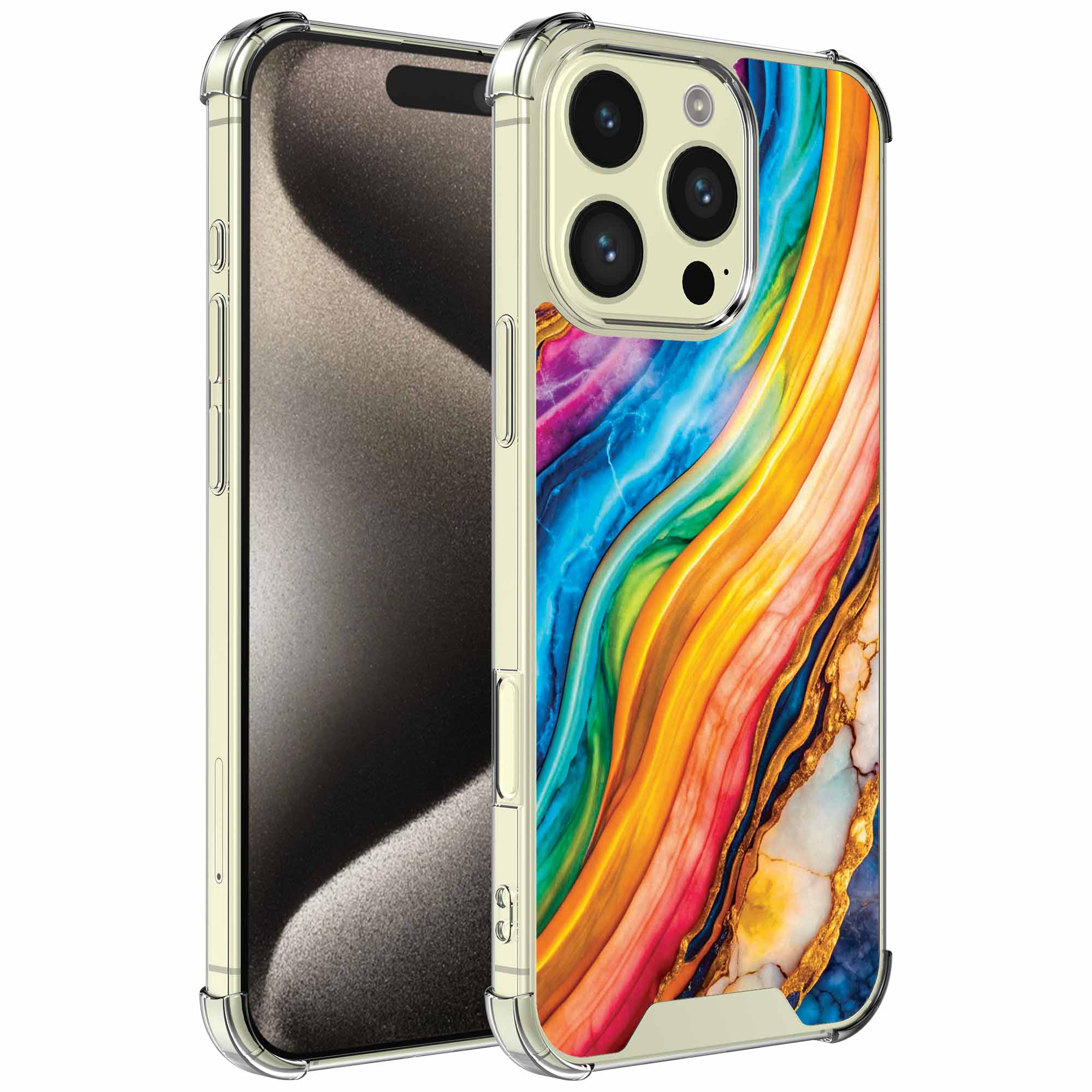 Goud regenboog marmer opdruk_iPhone 15 Pro transparant telefoonhoesje (1)