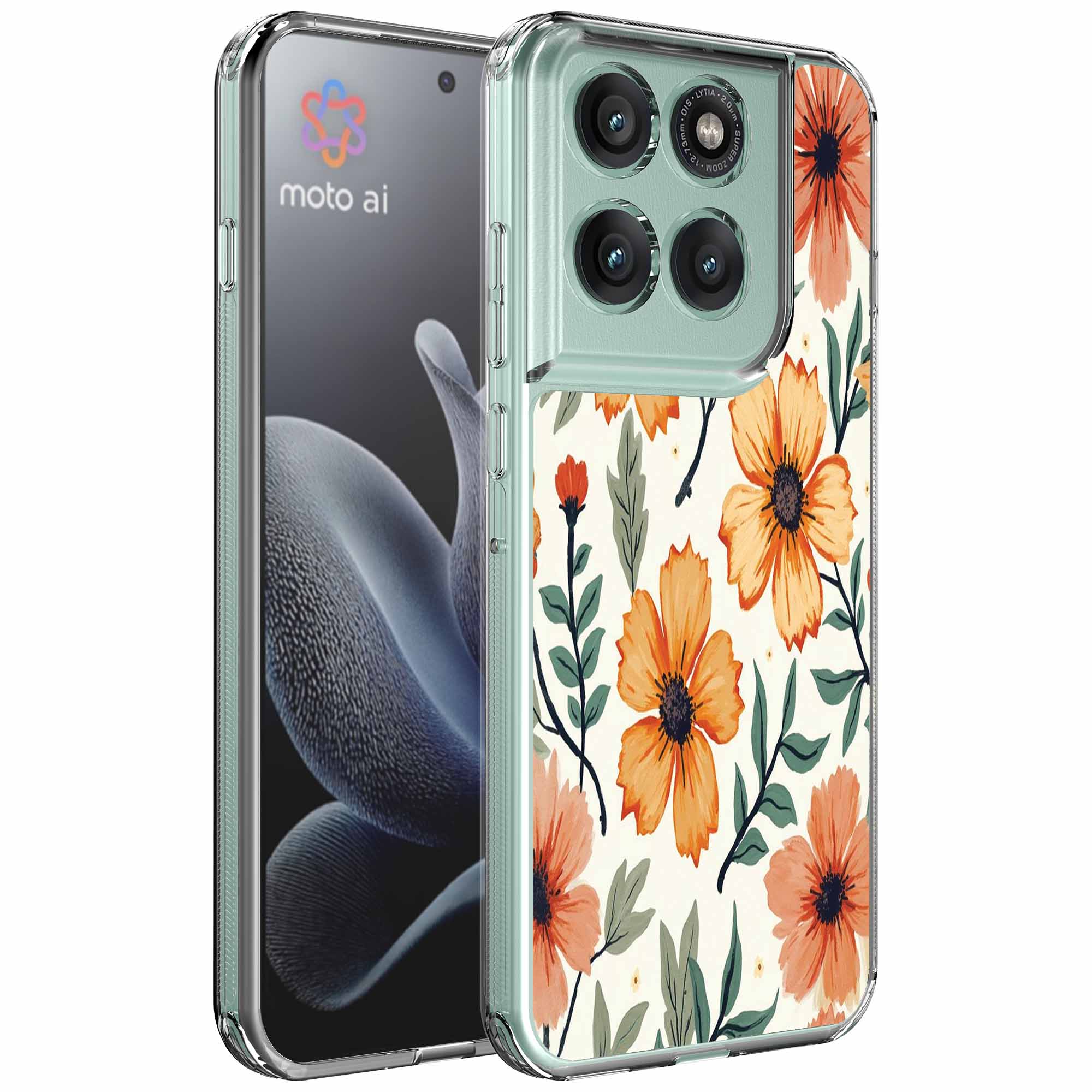 Oranje bloemen opdruk_Motorola Edge 70 transparant telefoonhoesje (1)