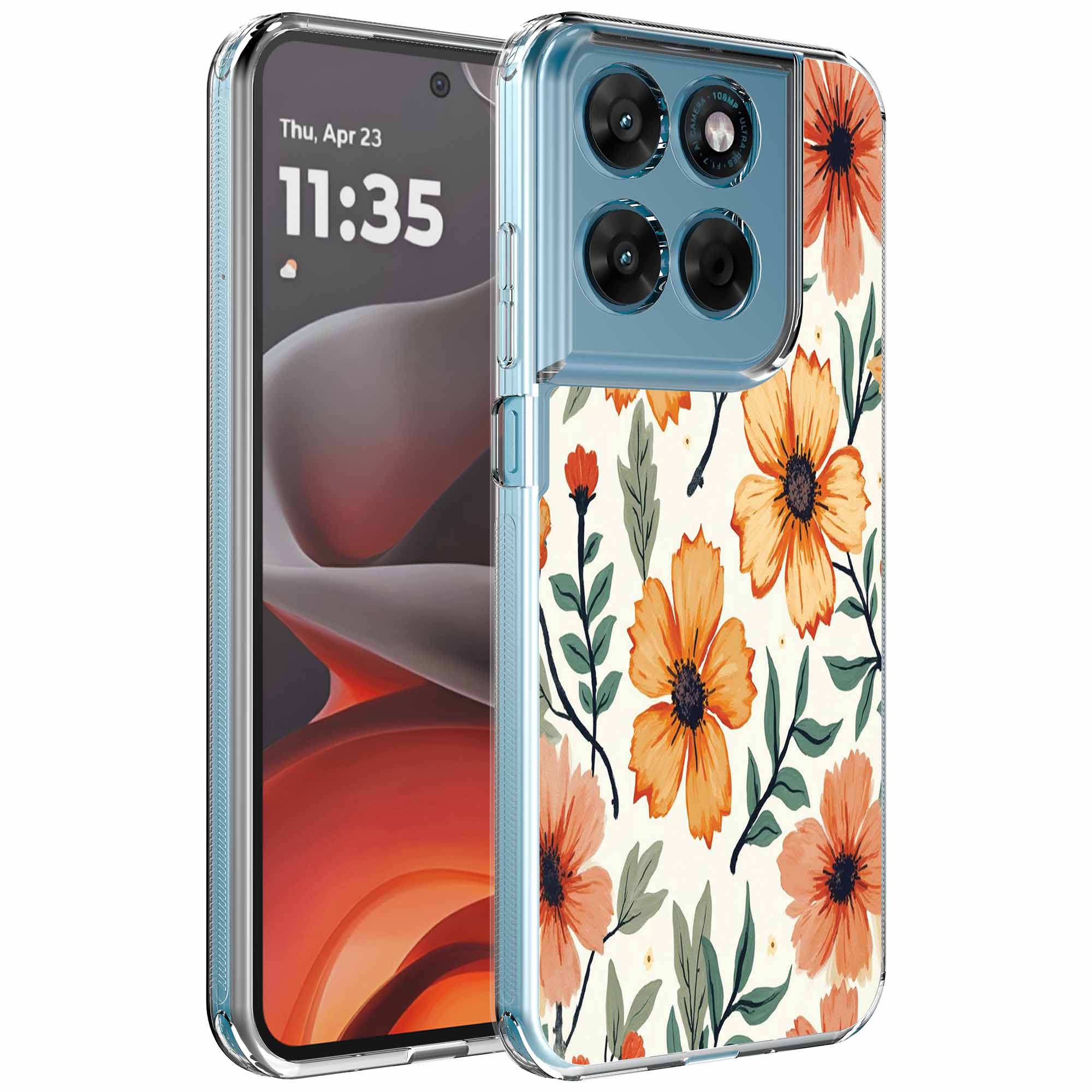 Oranje bloemen opdruk_Motorola Moto G15 transparant telefoonhoesje (1)