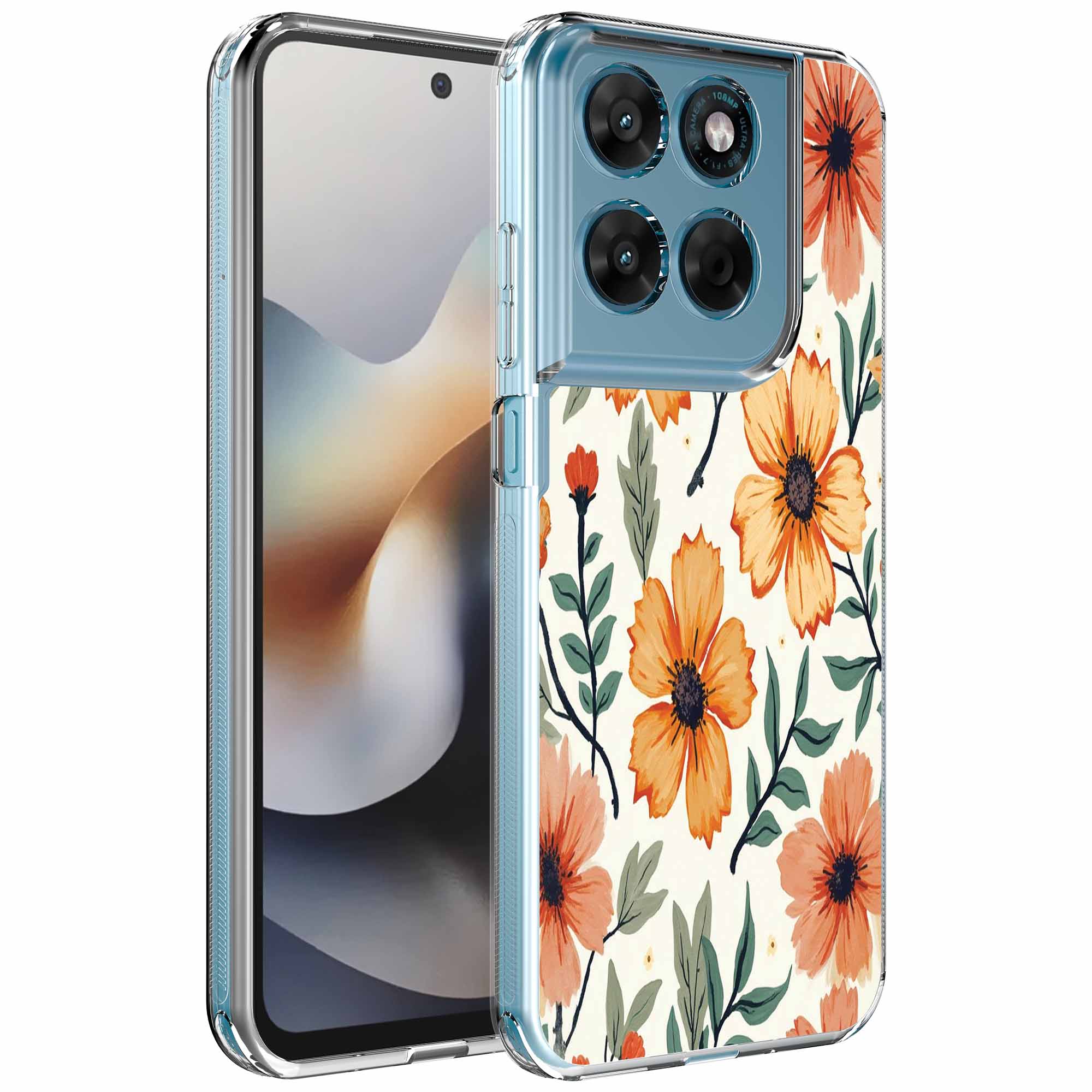 Oranje bloemen opdruk_Motorola Moto G56 transparant telefoonhoesje (1)