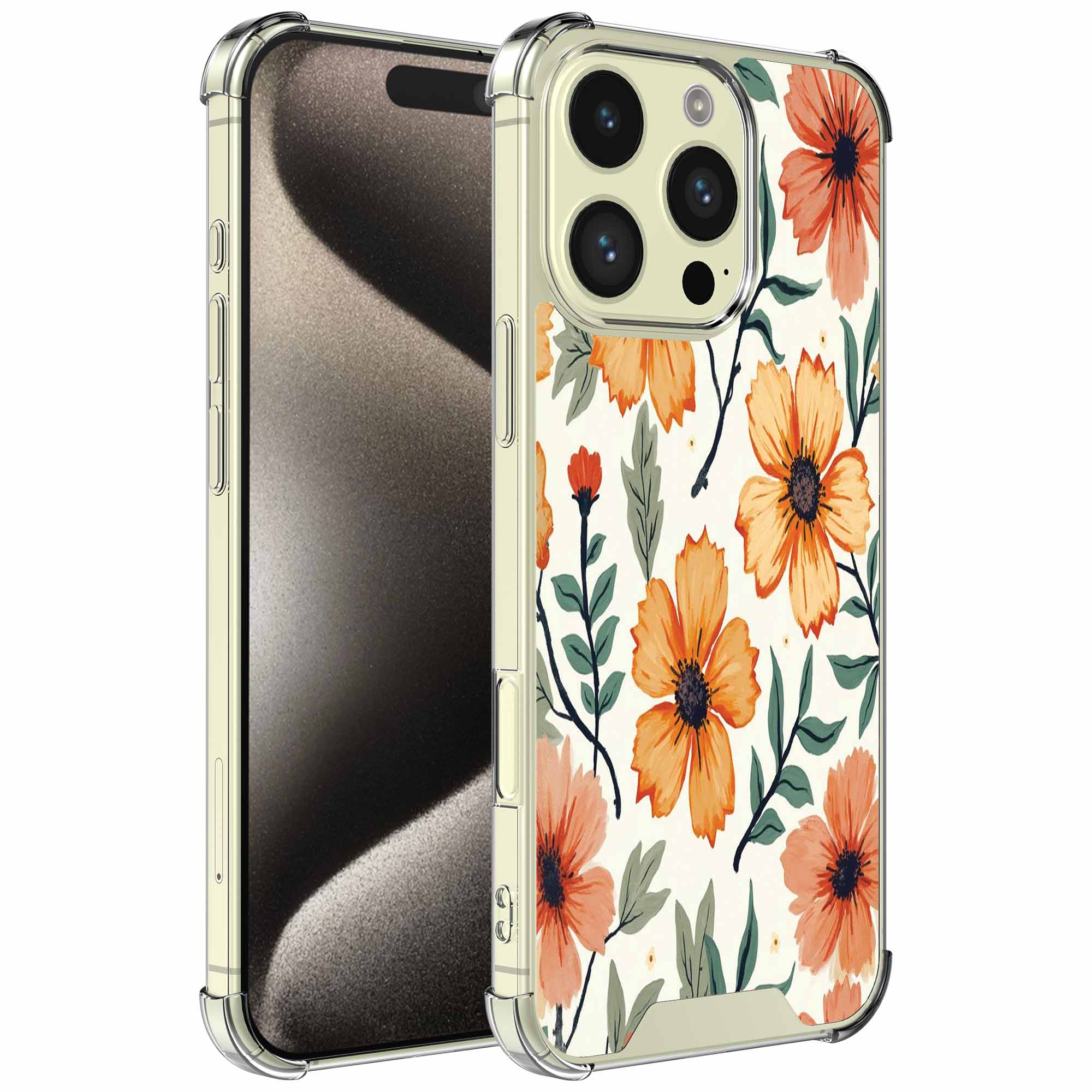 Oranje bloemen opdruk_iPhone 15 Pro transparant telefoonhoesje (1)