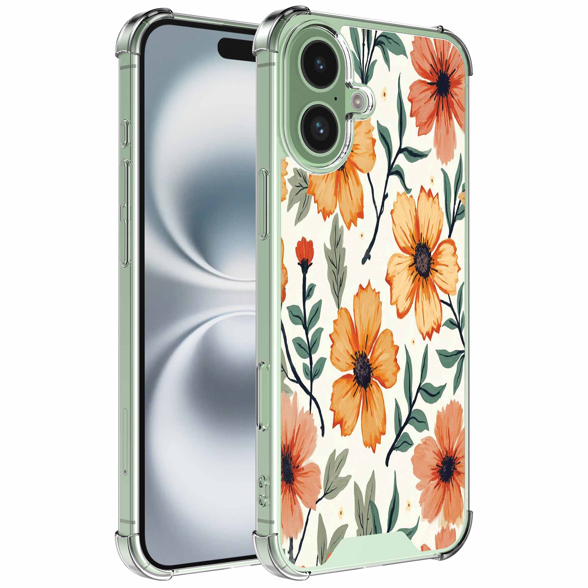 Oranje bloemen opdruk_iPhone 16 Plus transparant telefoonhoesje (1)