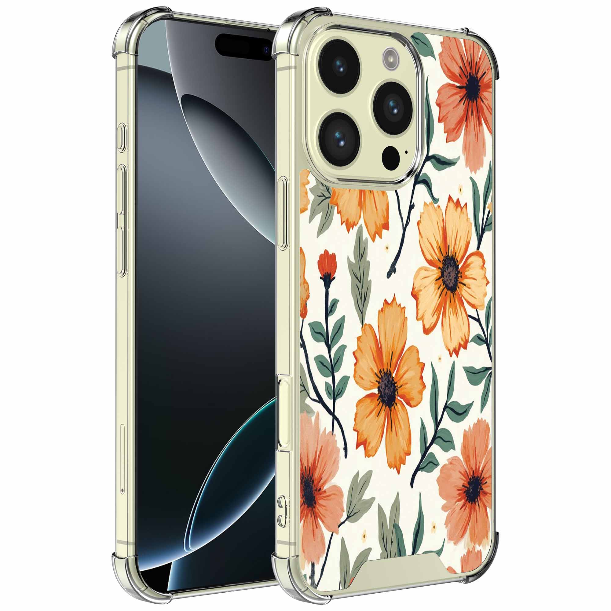 Oranje bloemen opdruk_iPhone 16 Pro Max transparant telefoonhoesje (1)