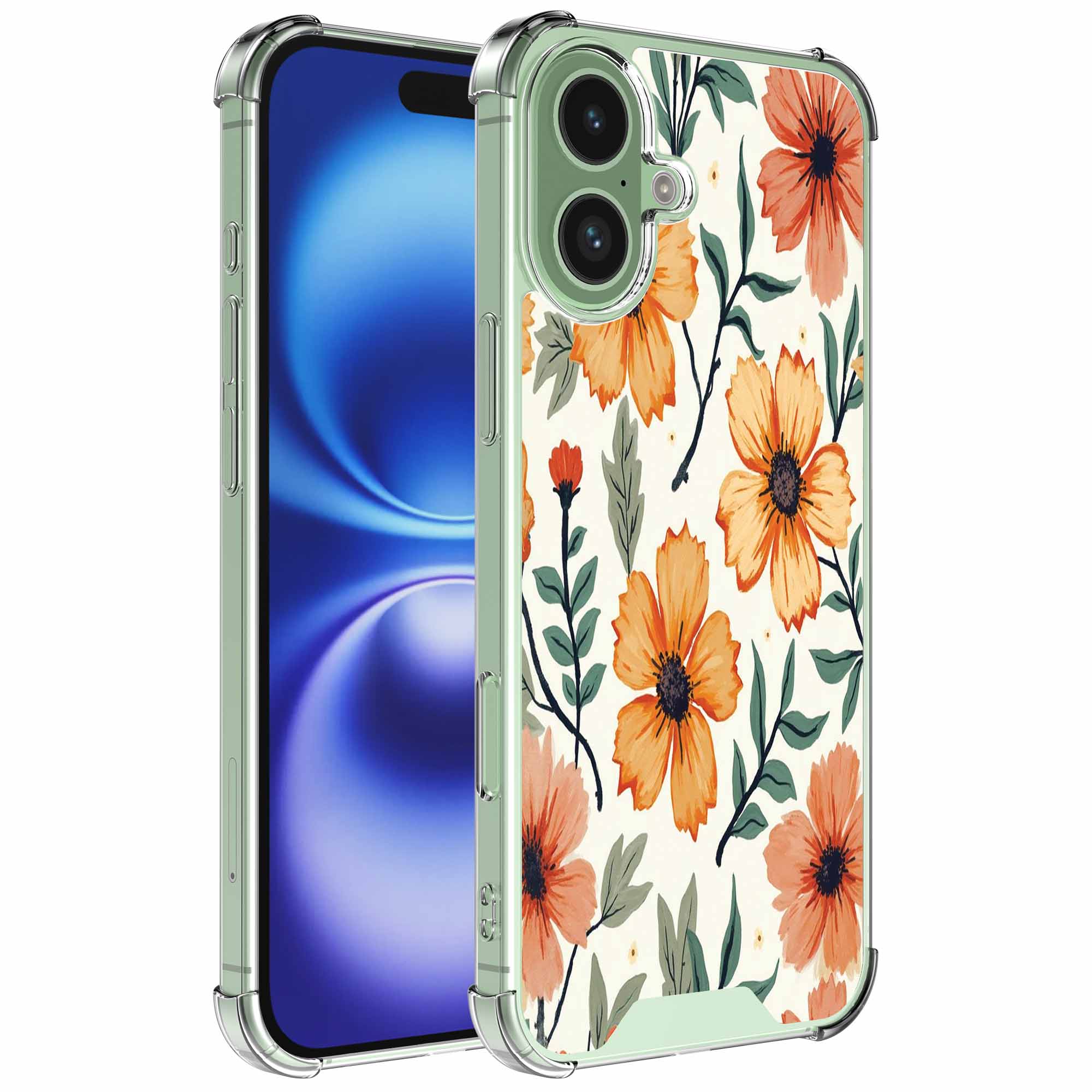 Oranje bloemen opdruk_iPhone 16 transparant telefoonhoesje (1)