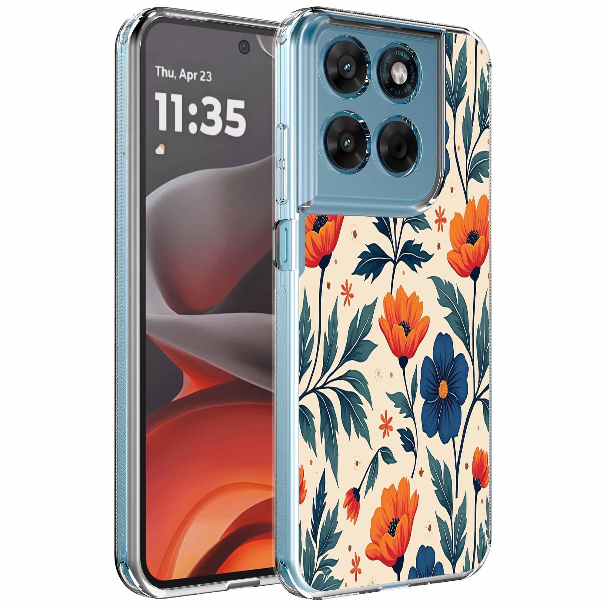 Rode blauwe bloemen opdruk_Motorola Moto G15 transparant telefoonhoesje (1)