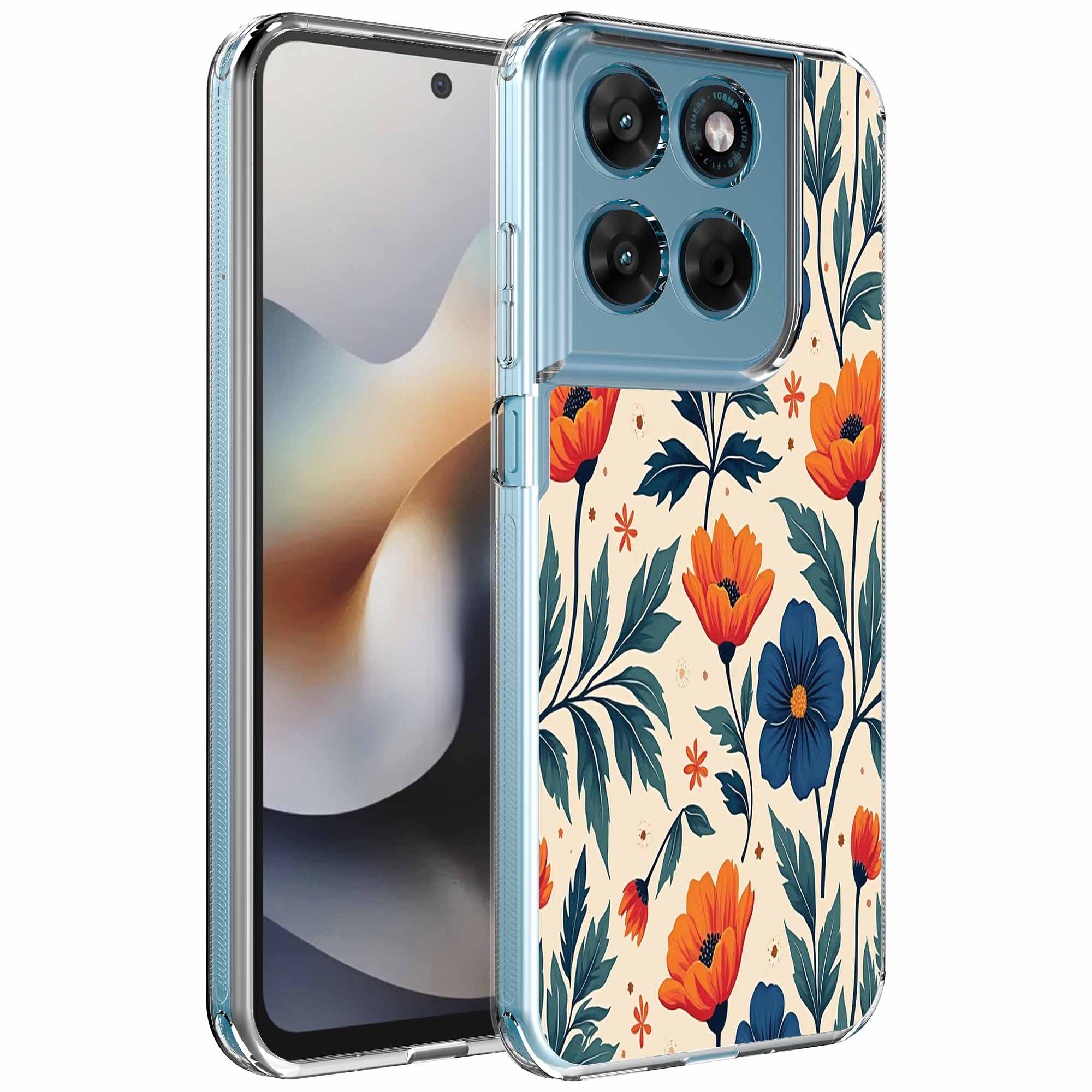 Rode blauwe bloemen opdruk_Motorola Moto G56 transparant telefoonhoesje (1)