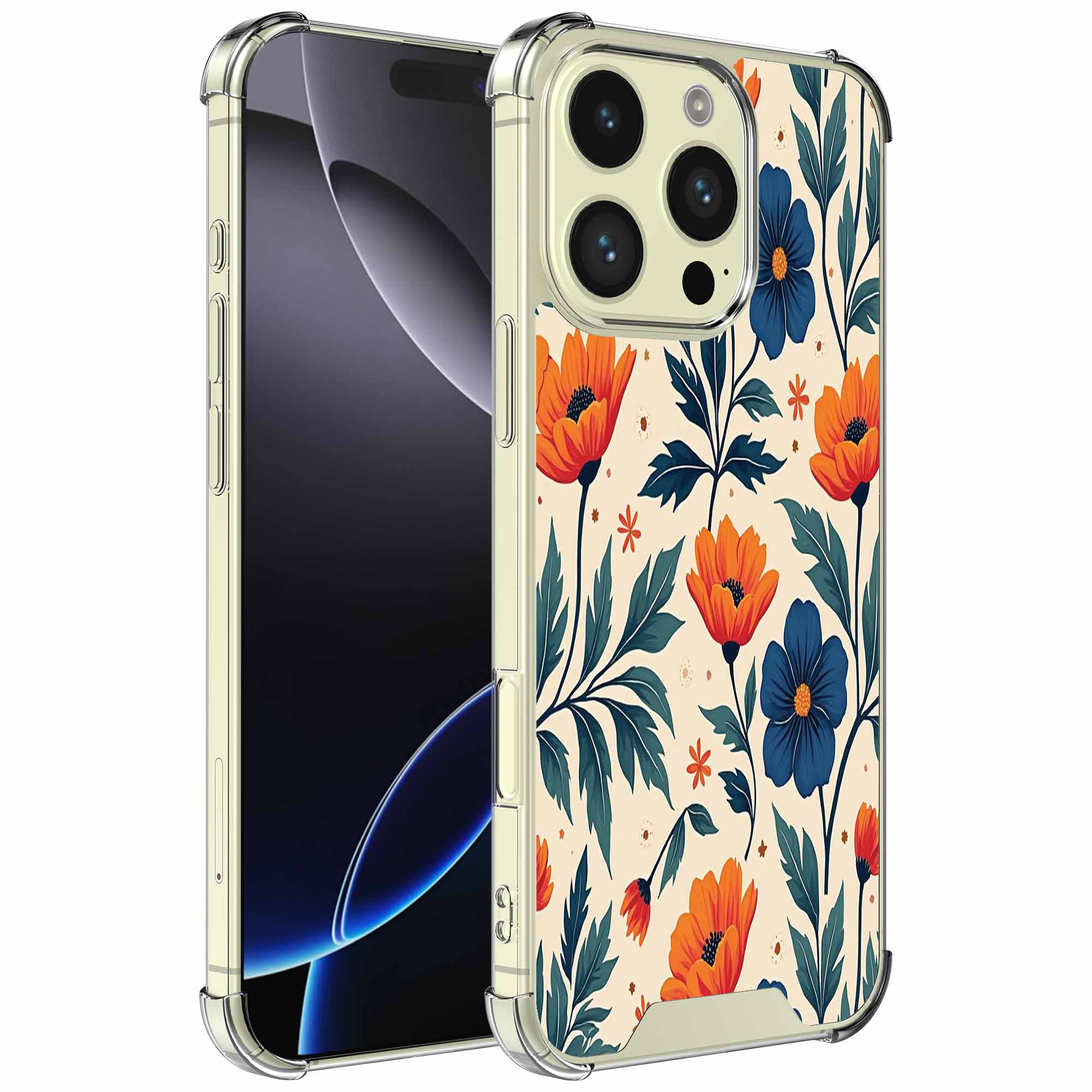 Rode blauwe bloemen opdruk_iPhone 16 Pro transparant telefoonhoesje (1)