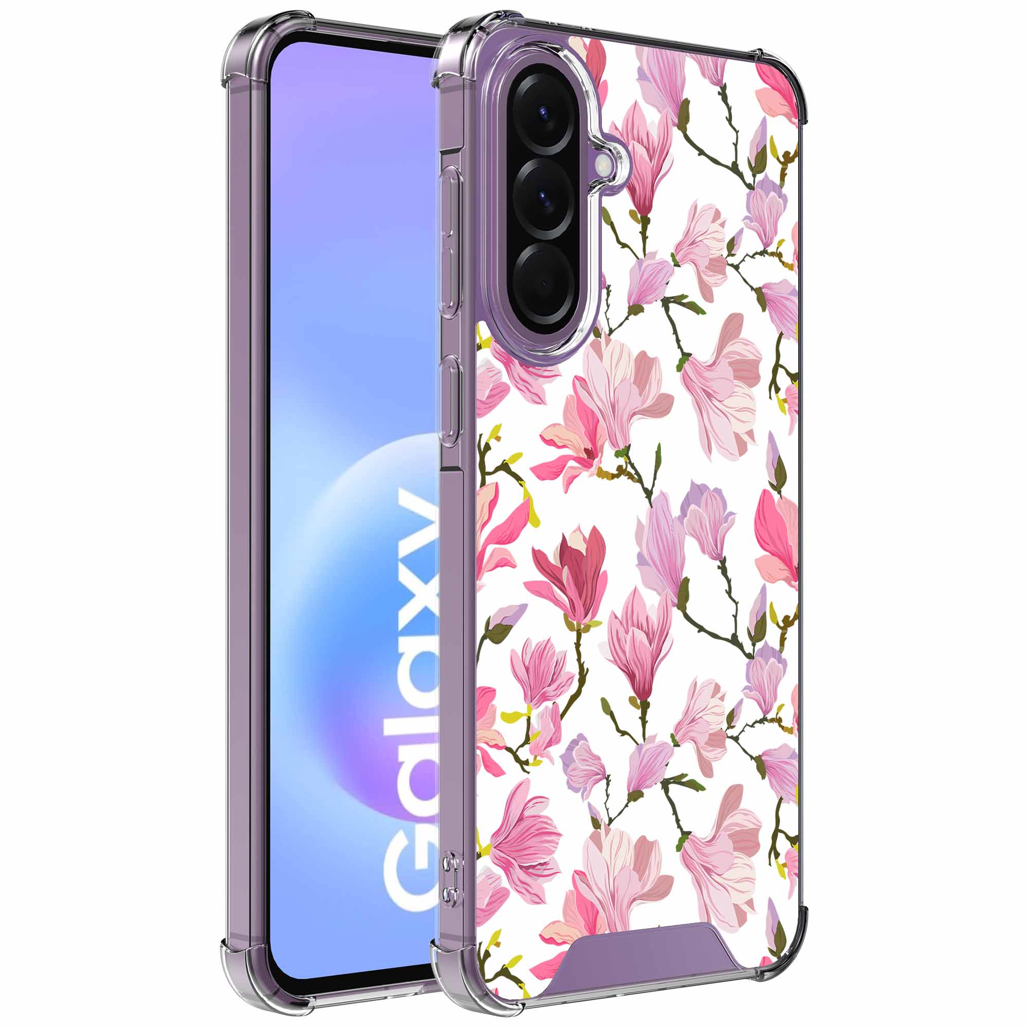 Fuchsia bloemen opdruk_Samsung Galaxy A57 transparant telefoonhoesje (1)
