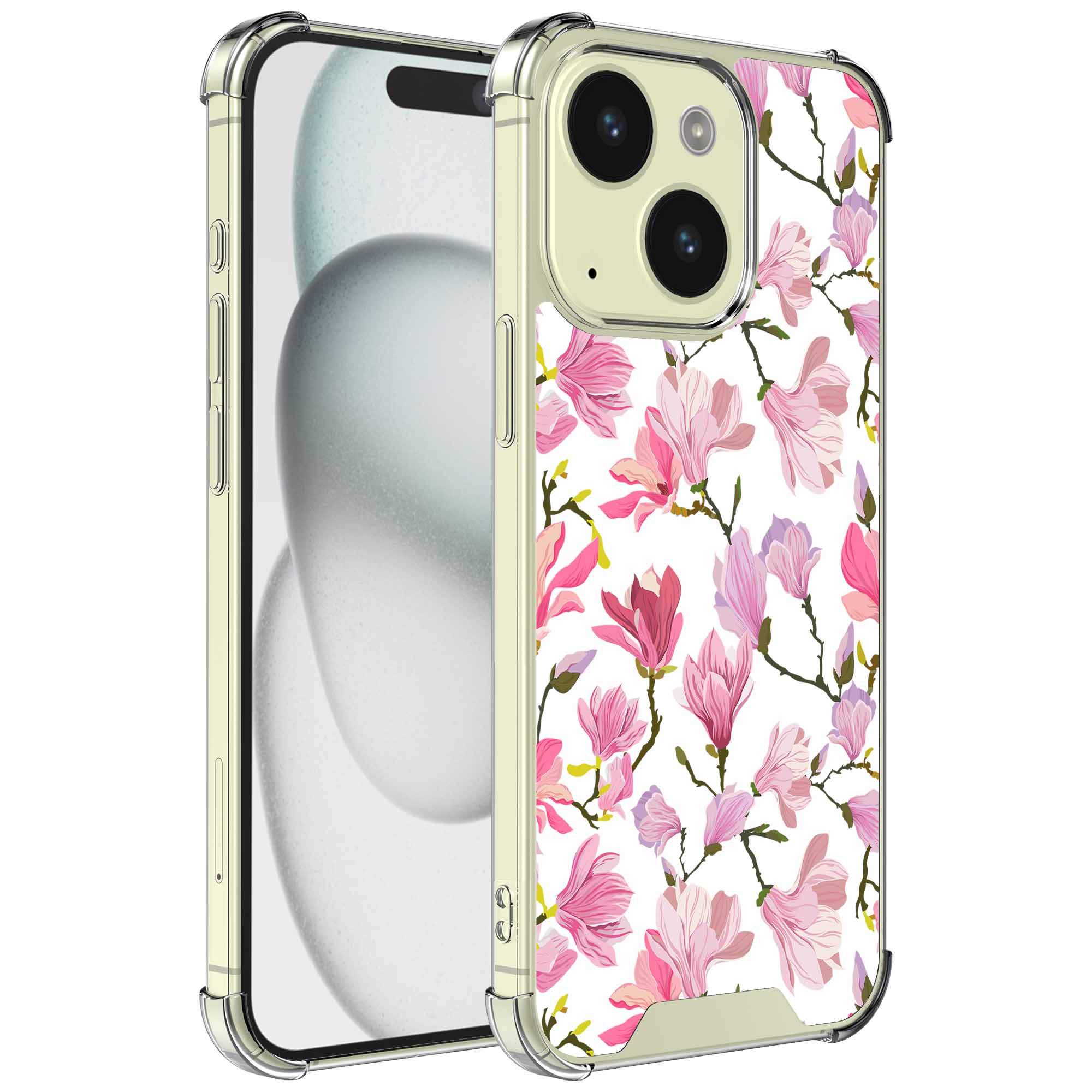 Fuchsia bloemen opdruk_iPhone 15 transparant telefoonhoesje (1)
