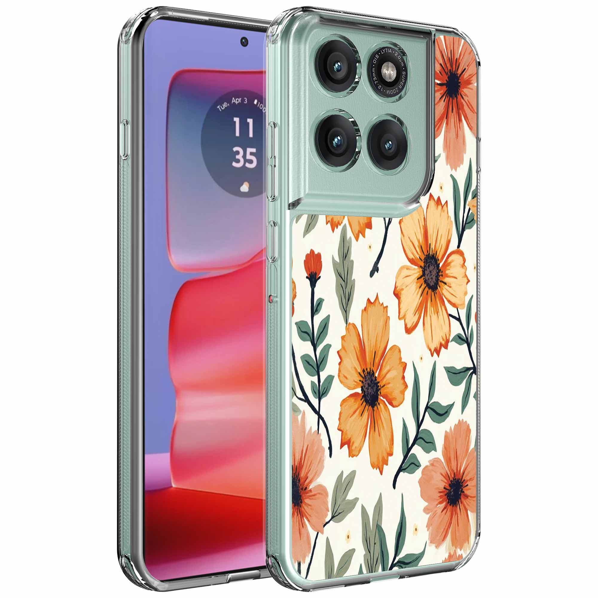 Oranje bloemen opdruk_Motorola Edge 50 Pro transparant telefoonhoesje (1)