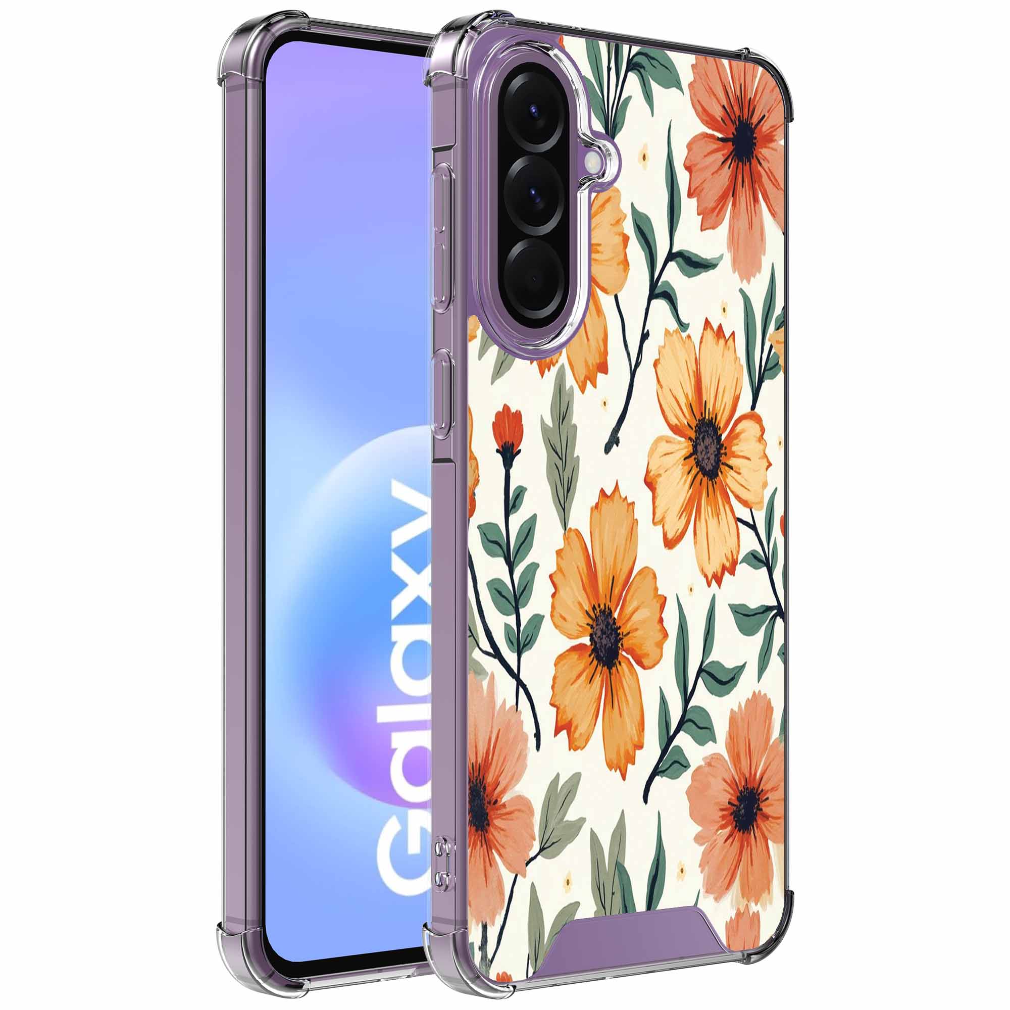 Oranje bloemen opdruk_Samsung Galaxy A57 transparant telefoonhoesje (1)